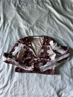 Altar'd State Sheer Floral Appliqué Crop Top in Burgundy and Ivory
